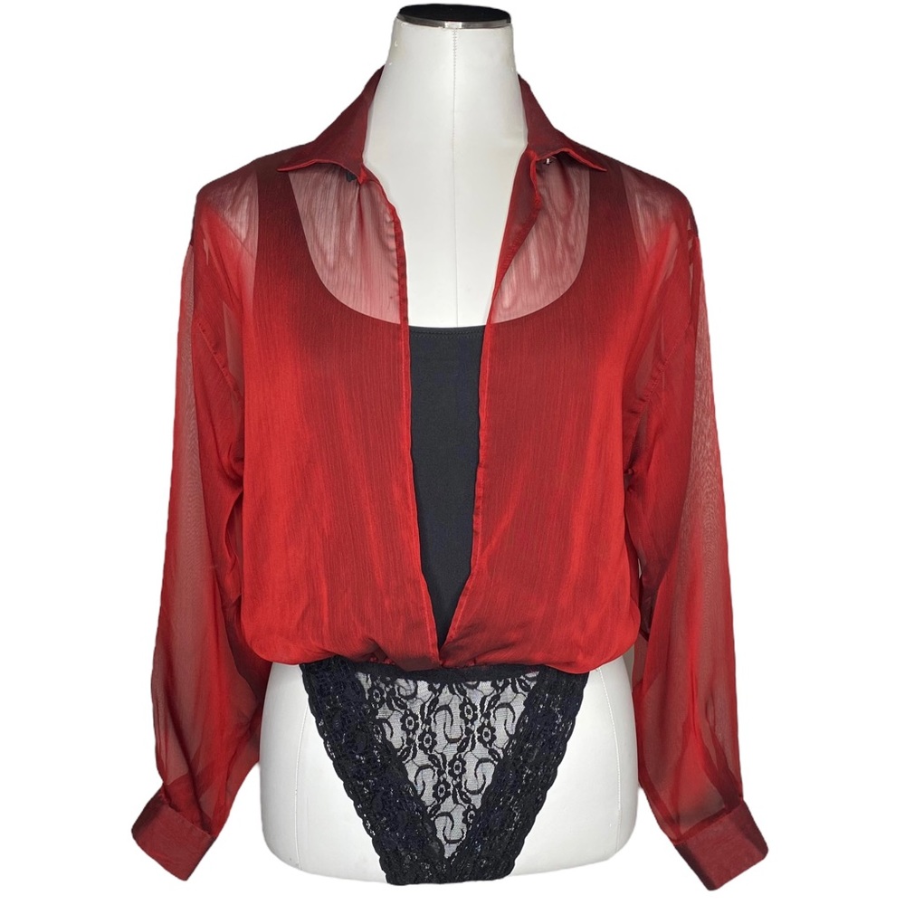 Vintage Anue Sheer Long Sleeve Lace Bottom Bodysuit